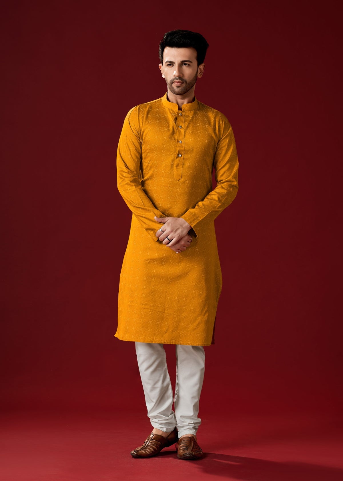 Men's Brownish Orange Printed Cotton Kurta Pajama Set