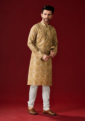 Men's Dark Beige Printed Cotton Kurta Pajama Set