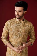 Men's Dark Beige Printed Cotton Kurta Pajama Set