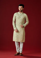 Men's Thistel Green Printed Cotton Kurta Pajama Set