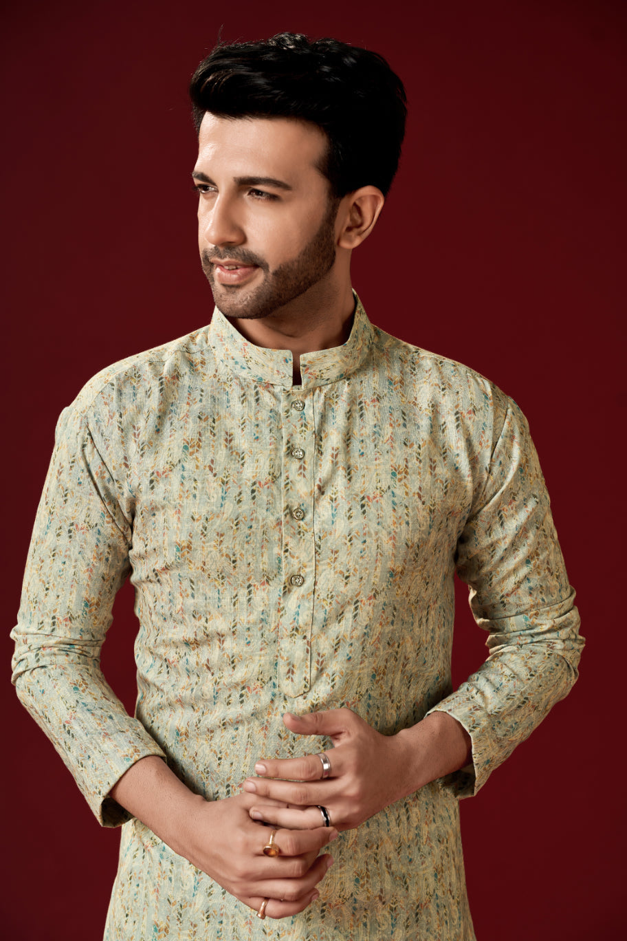 Men's Thistel Green Printed Cotton Kurta Pajama Set