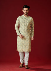 Men's Greenish Yellow Printed Cotton Kurta Pajama Set