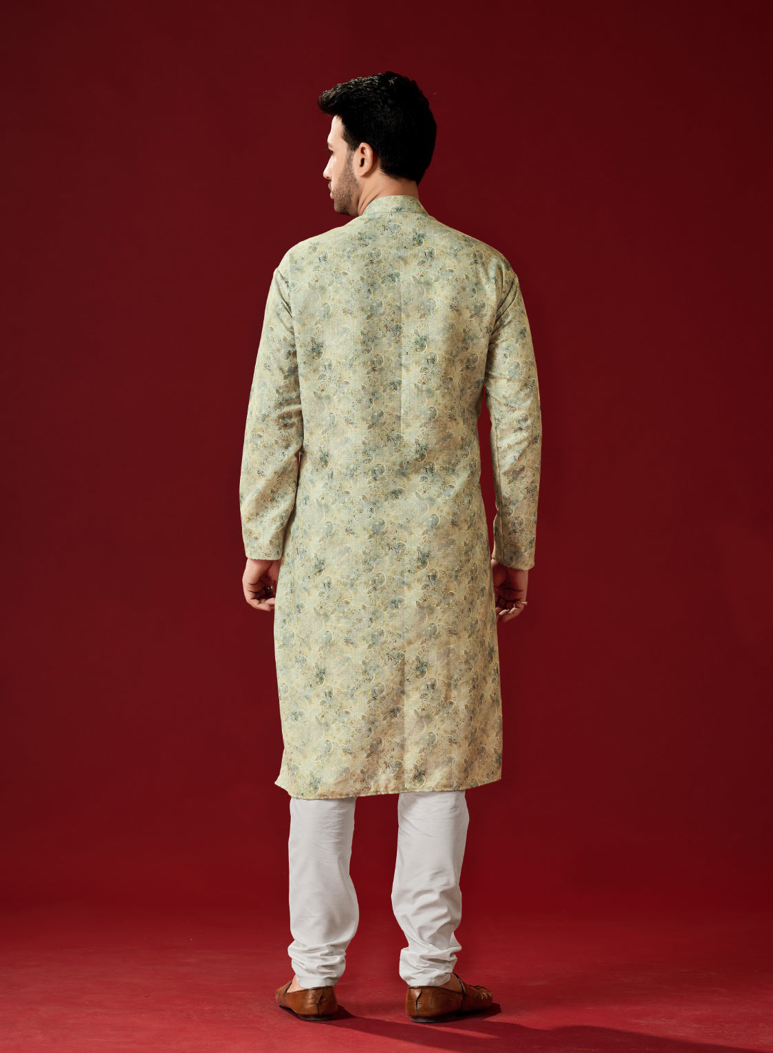 Men's Greenish Yellow Printed Cotton Kurta Pajama Set