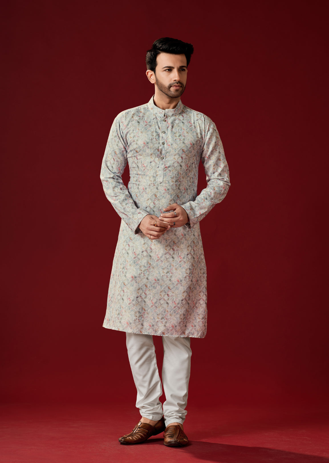 Men's Pastel Grey Printed Cotton Kurta Pajama Set