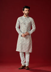 Men's Pastel Grey Printed Cotton Kurta Pajama Set