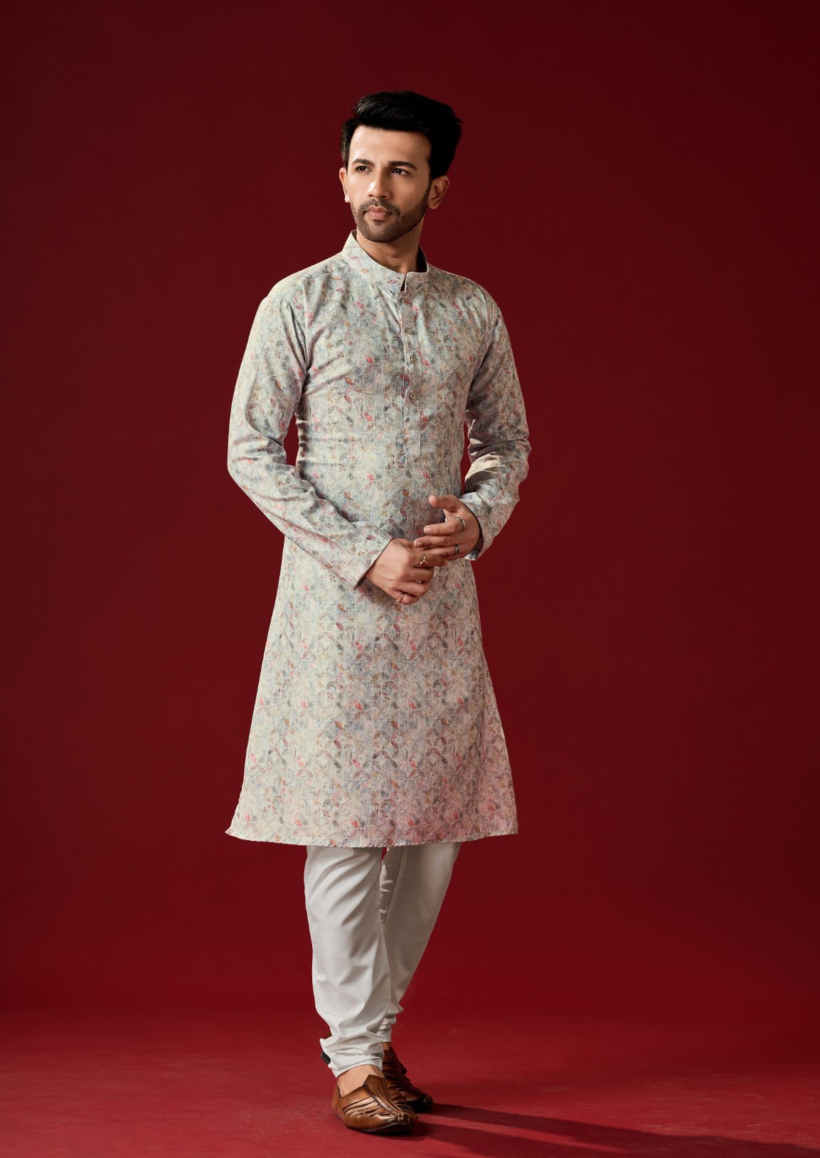 Men's Pastel Grey Printed Cotton Kurta Pajama Set