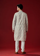 Men's Pastel Grey Printed Cotton Kurta Pajama Set