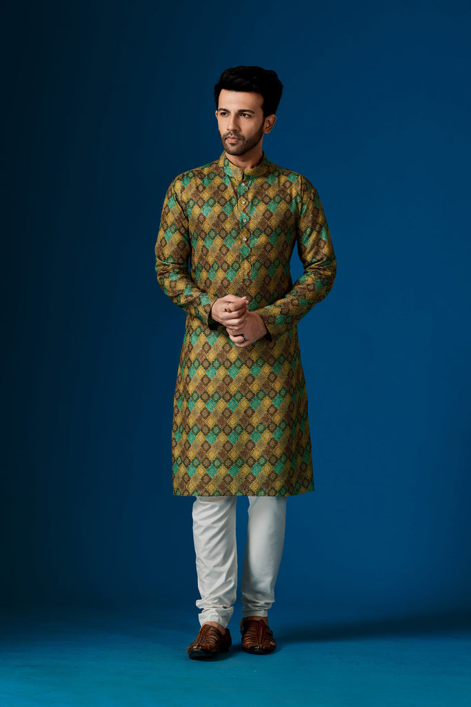 Men's Hazel Green Color Indian Traditional Wear Tunic Cotton Kurta Pajama Set