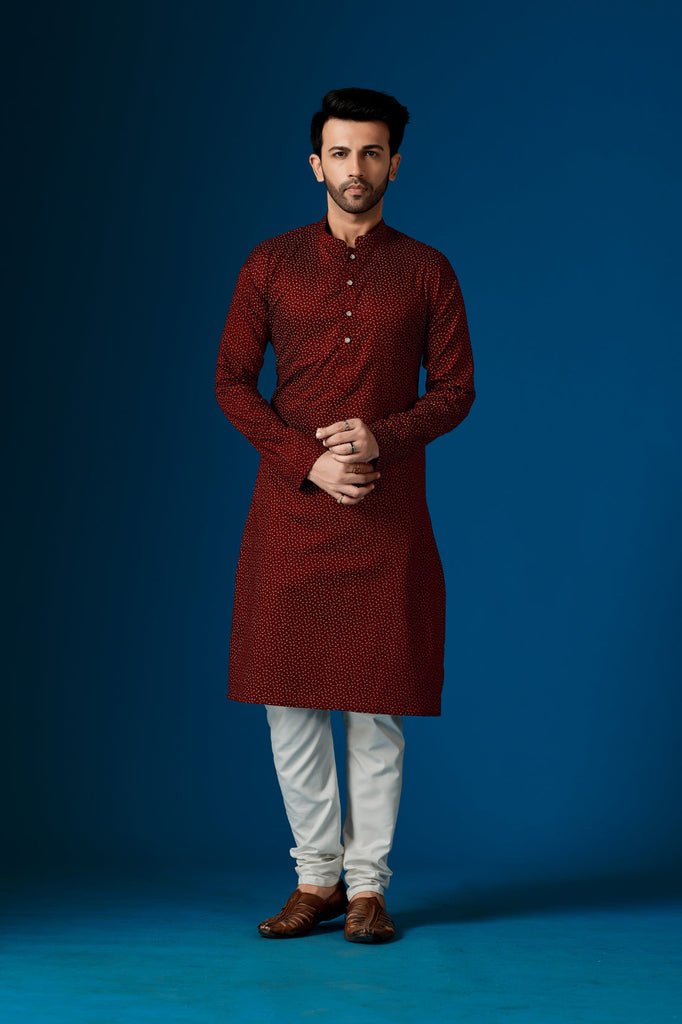 Men's Rustic Red Color Indian Traditional Wear Tunic Cotton Kurta Pajama Set