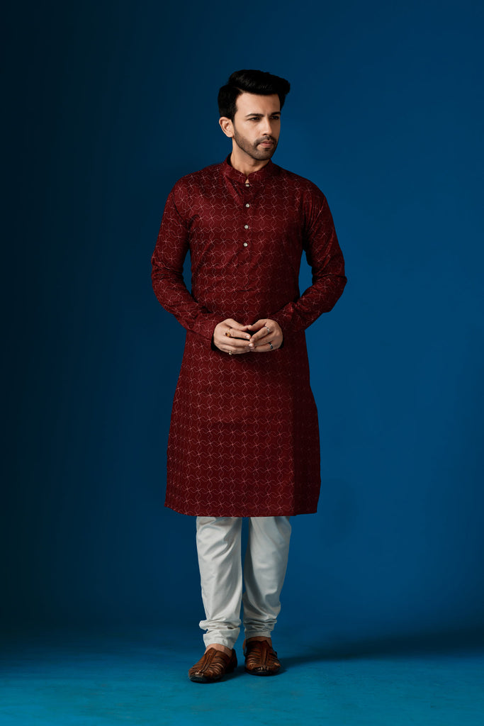 Men's Rustic Red Color Indian Traditional Wear Tunic Cotton Kurta Pajama Set