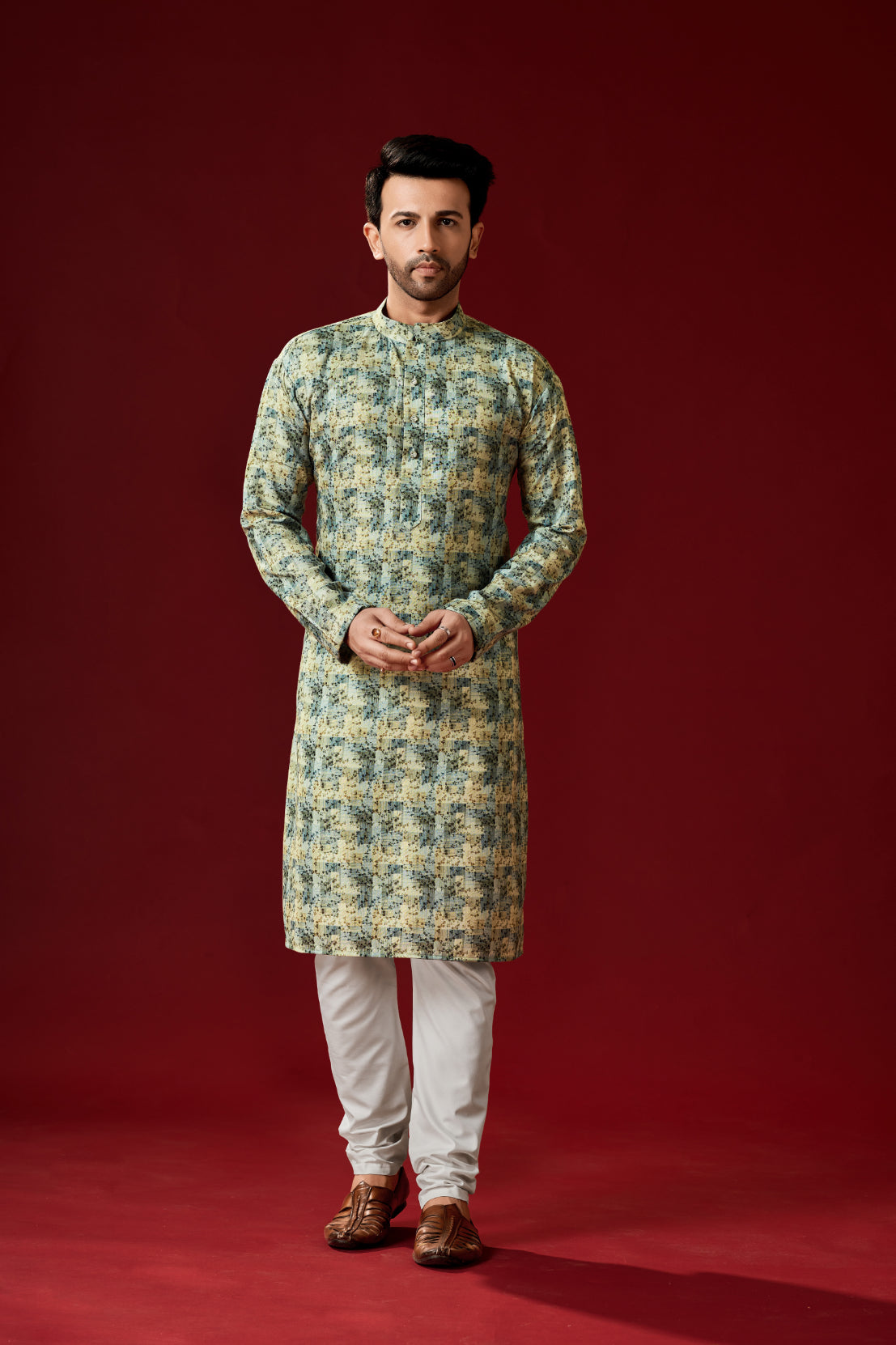 Men's Sage Green Printed Cotton Kurta Pajama Set