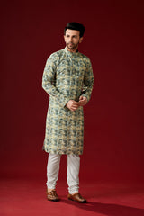 Men's Sage Green Printed Cotton Kurta Pajama Set