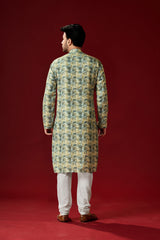 Men's Sage Green Printed Cotton Kurta Pajama Set