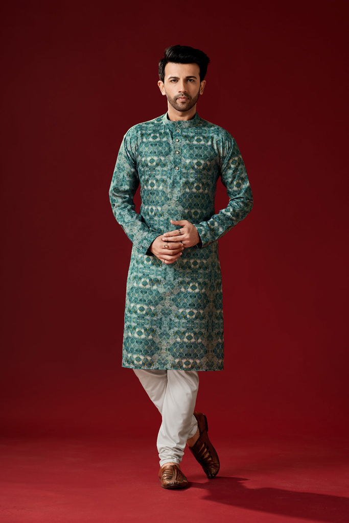 Men's Timber Green Color Indian Traditional Wear Tunic Cotton Kurta Pajama Set