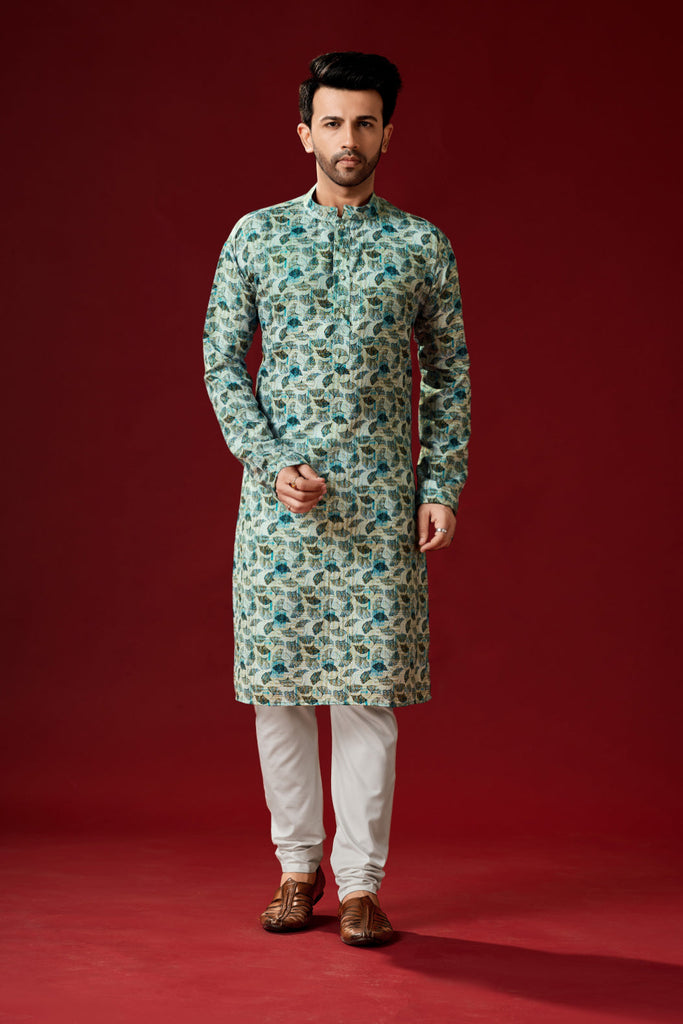 Men's Pixie Green Color Indian Traditional Wear Tunic Cotton Kurta Pajama Set