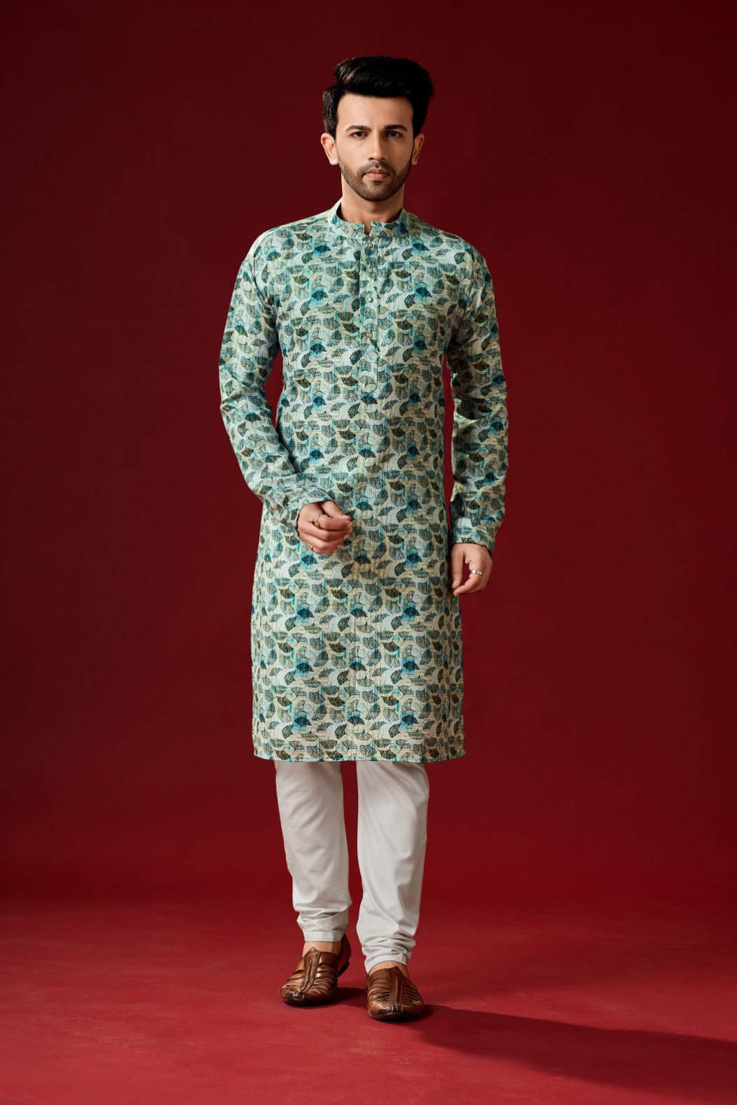 Men's Green Printed Cotton Kurta Pajama Set