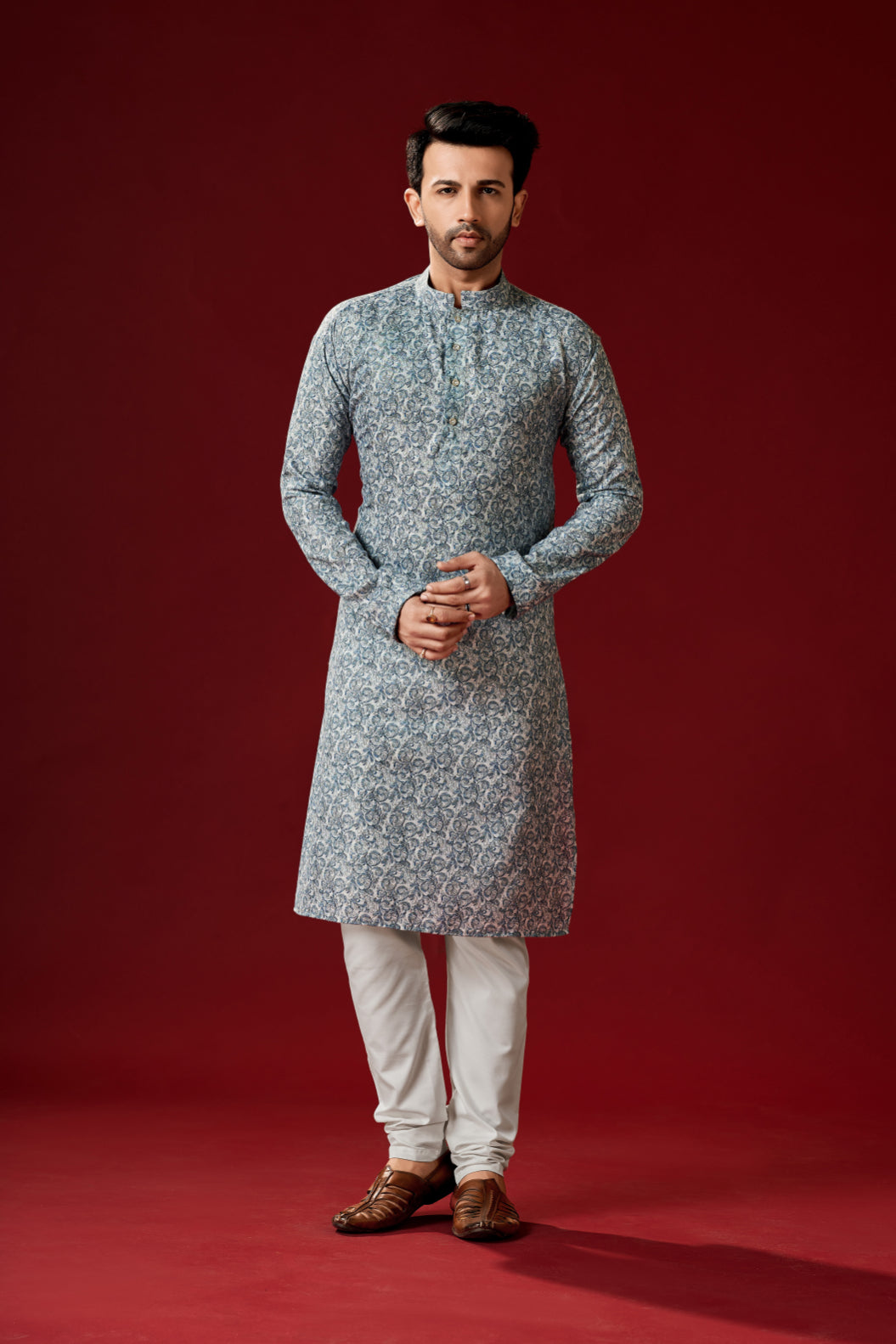 Men's Smokey Grey Printed Cotton Kurta Pajama Set