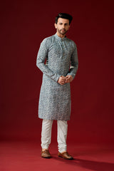 Men's Smokey Grey Printed Cotton Kurta Pajama Set