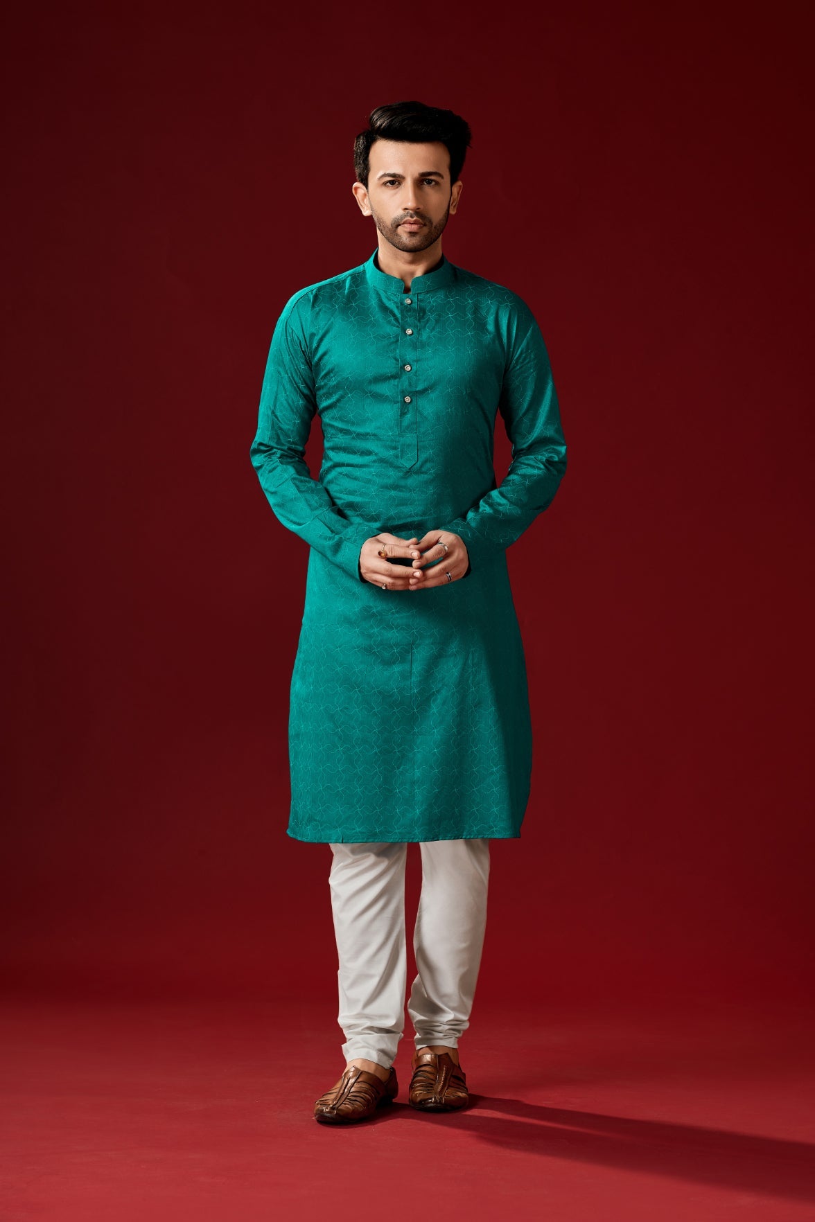 Men's Teal Green Printed Cotton Kurta Pajama Set