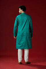 Men's Teal Green Printed Cotton Kurta Pajama Set