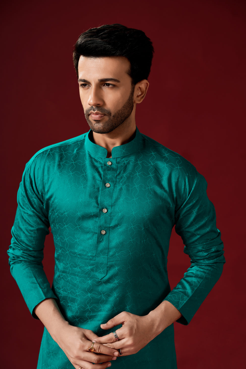 Men's Teal Green Printed Cotton Kurta Pajama Set