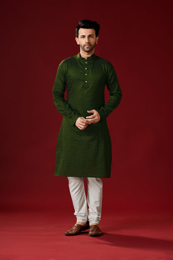Men's Palm Green Color Indian Traditional Wear Tunic Cotton Kurta Pajama Set