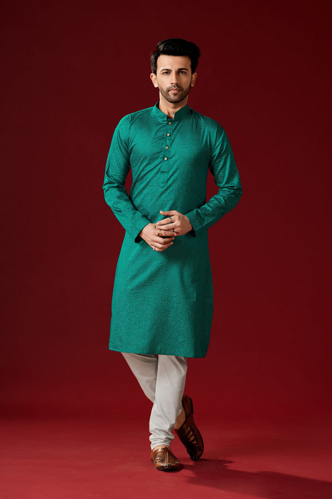 Men's Teal Green Color Indian Traditional Wear Tunic Cotton Kurta Pajama Set