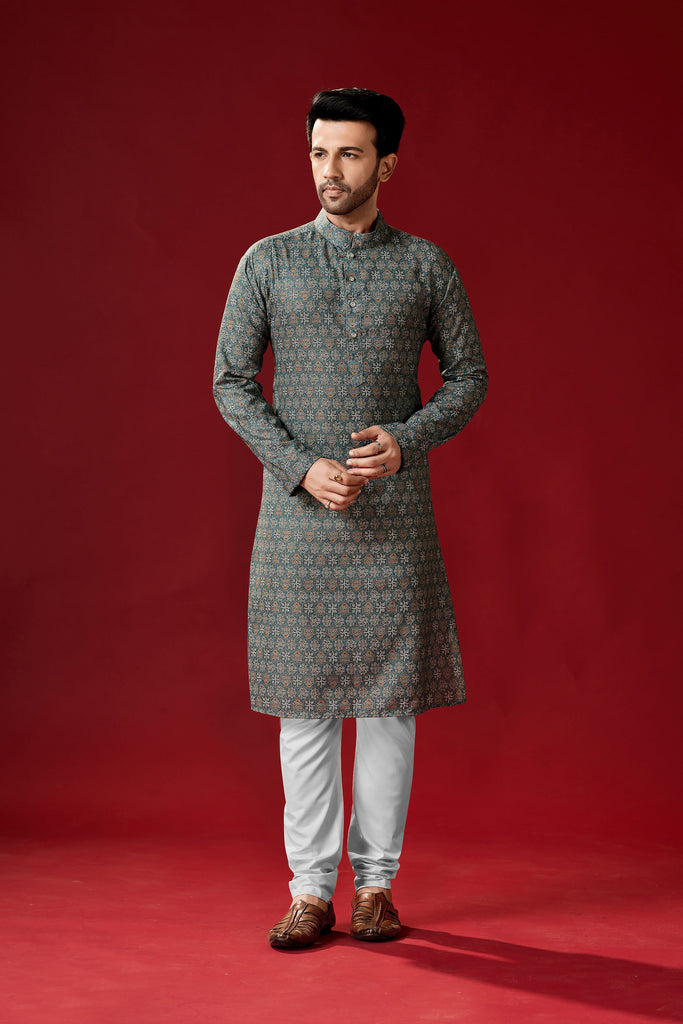 Men's Charcoal Grey Color Indian Traditional Wear Tunic Cotton Kurta Pajama Set