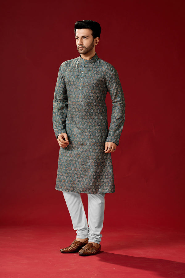 Men's Charcoal Grey Color Indian Traditional Wear Tunic Cotton Kurta Pajama Set