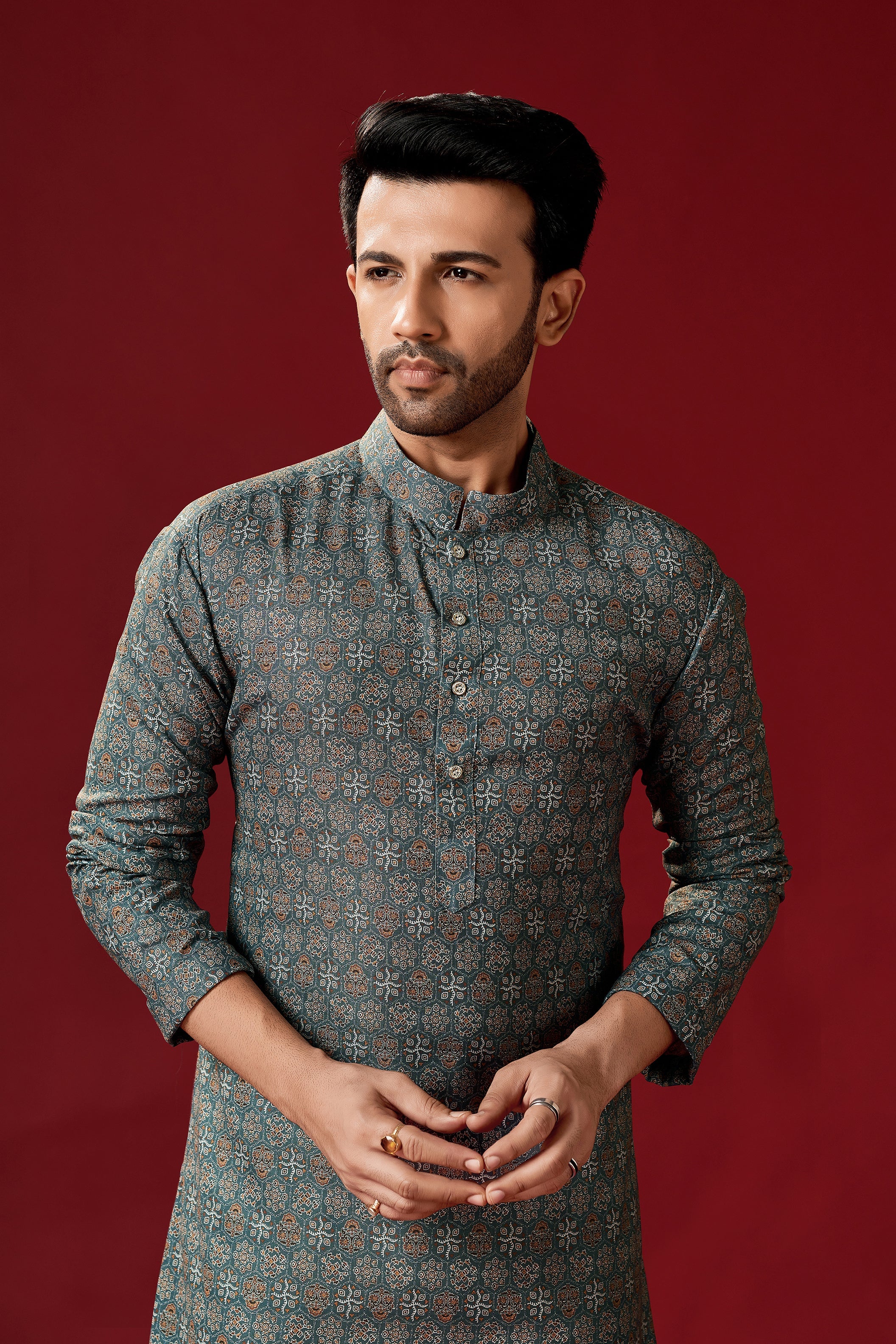 Men's Charcoal Grey Printed Cotton Kurta Pajama Set