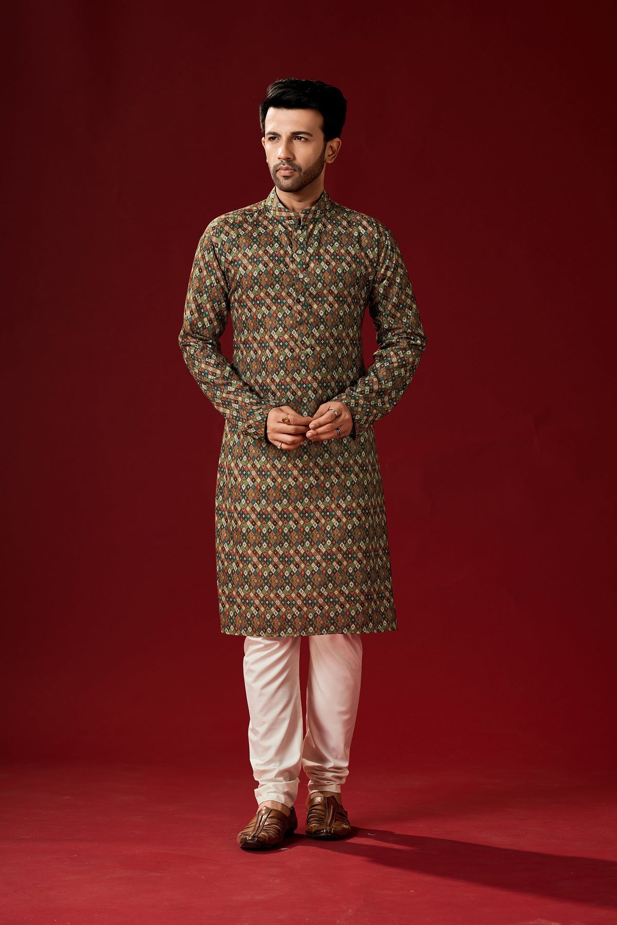 Men's Brown Printed Cotton Kurta Pajama Set