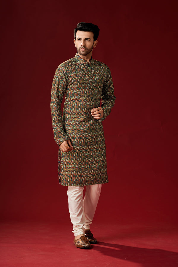 Men's Brown Color Indian Traditional Wear Tunic Cotton Kurta Pajama Set