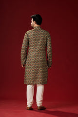 Men's Brown Printed Cotton Kurta Pajama Set