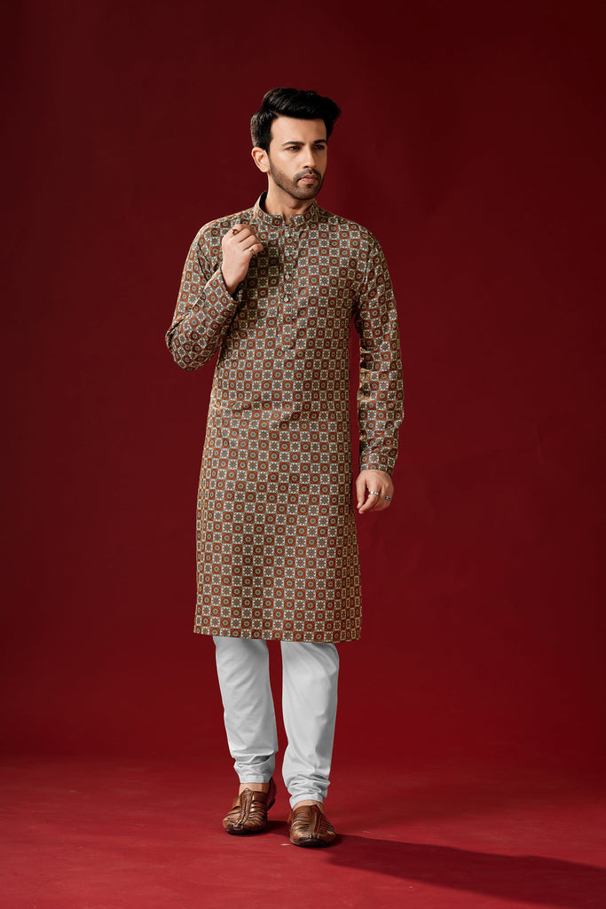 Men's Dark Orange Color Indian Traditional Wear Tunic Cotton Kurta Pajama Set