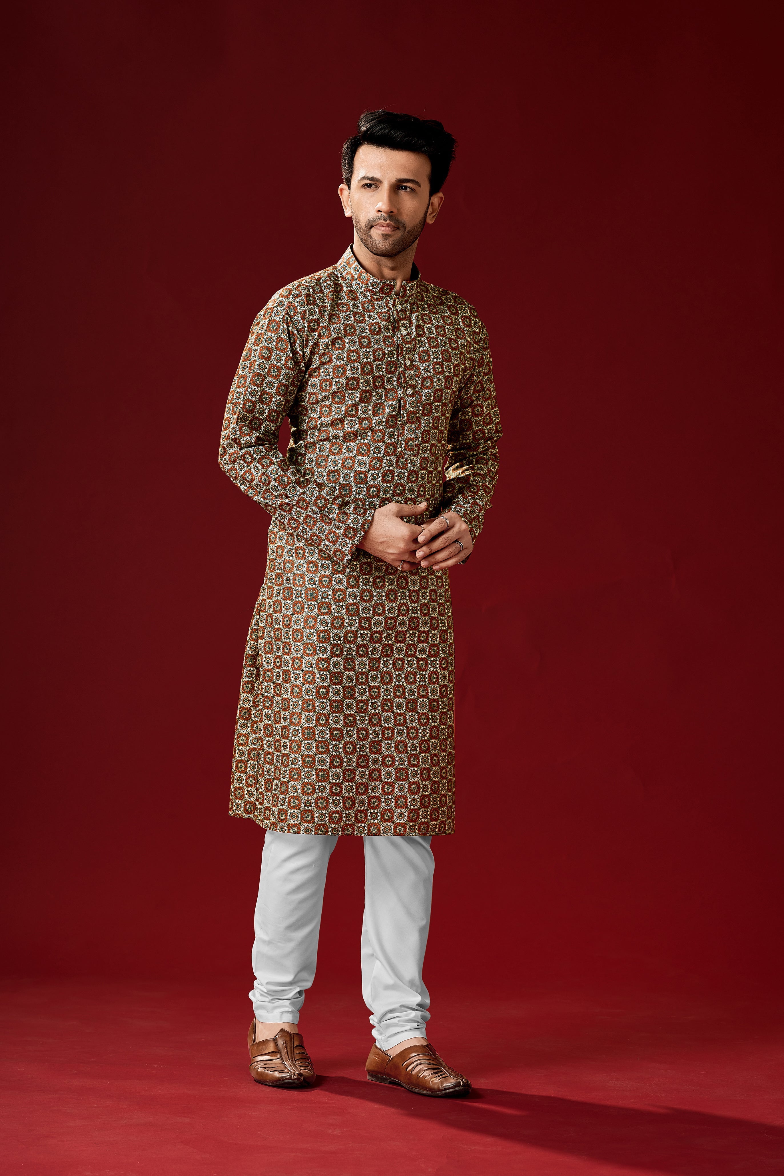 Men's Dark Orange Printed Cotton Kurta Pajama Set