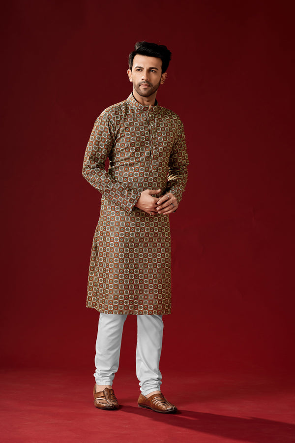 Men's Dark Orange Color Indian Traditional Wear Tunic Cotton Kurta Pajama Set