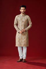 Men's Beige Printed Cotton Kurta Pajama Set