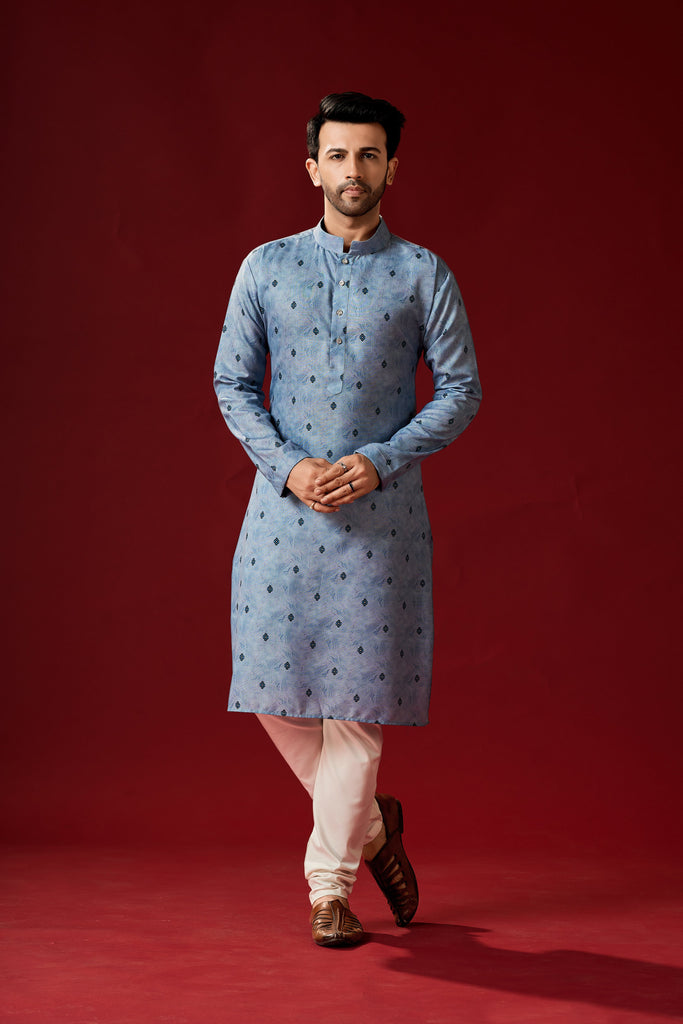 Men's Light Blue Color Indian Traditional Wear Tunic Cotton Kurta Pajama Set