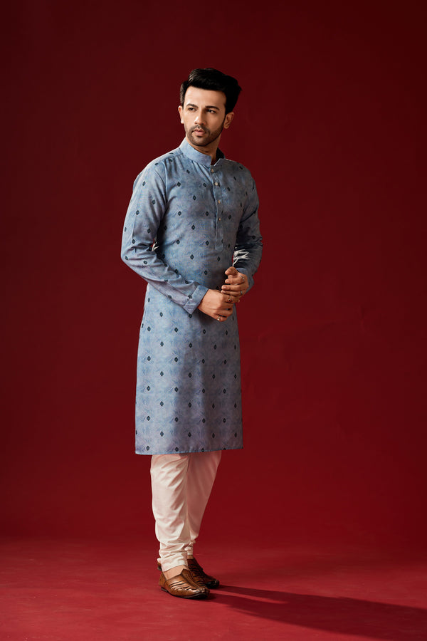 Men's Light Blue Color Indian Traditional Wear Tunic Cotton Kurta Pajama Set