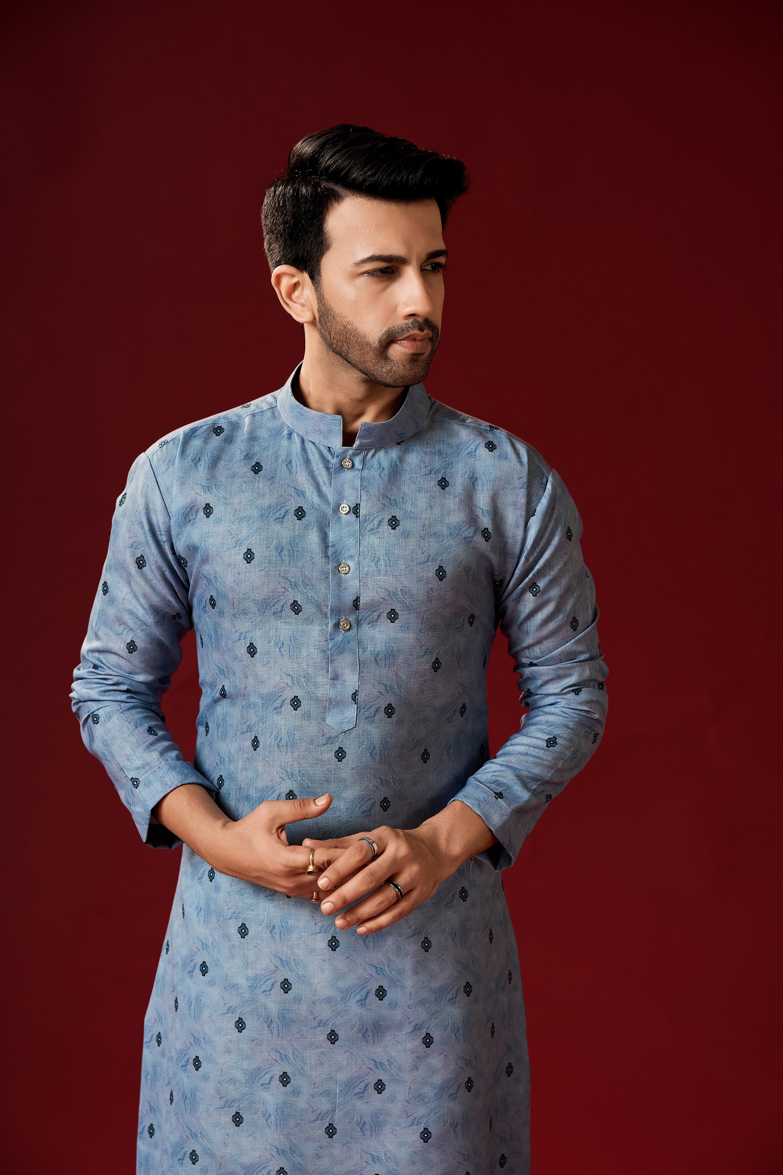 Men's Blue Printed Cotton Kurta Pajama Set