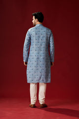 Men's Blue Printed Cotton Kurta Pajama Set