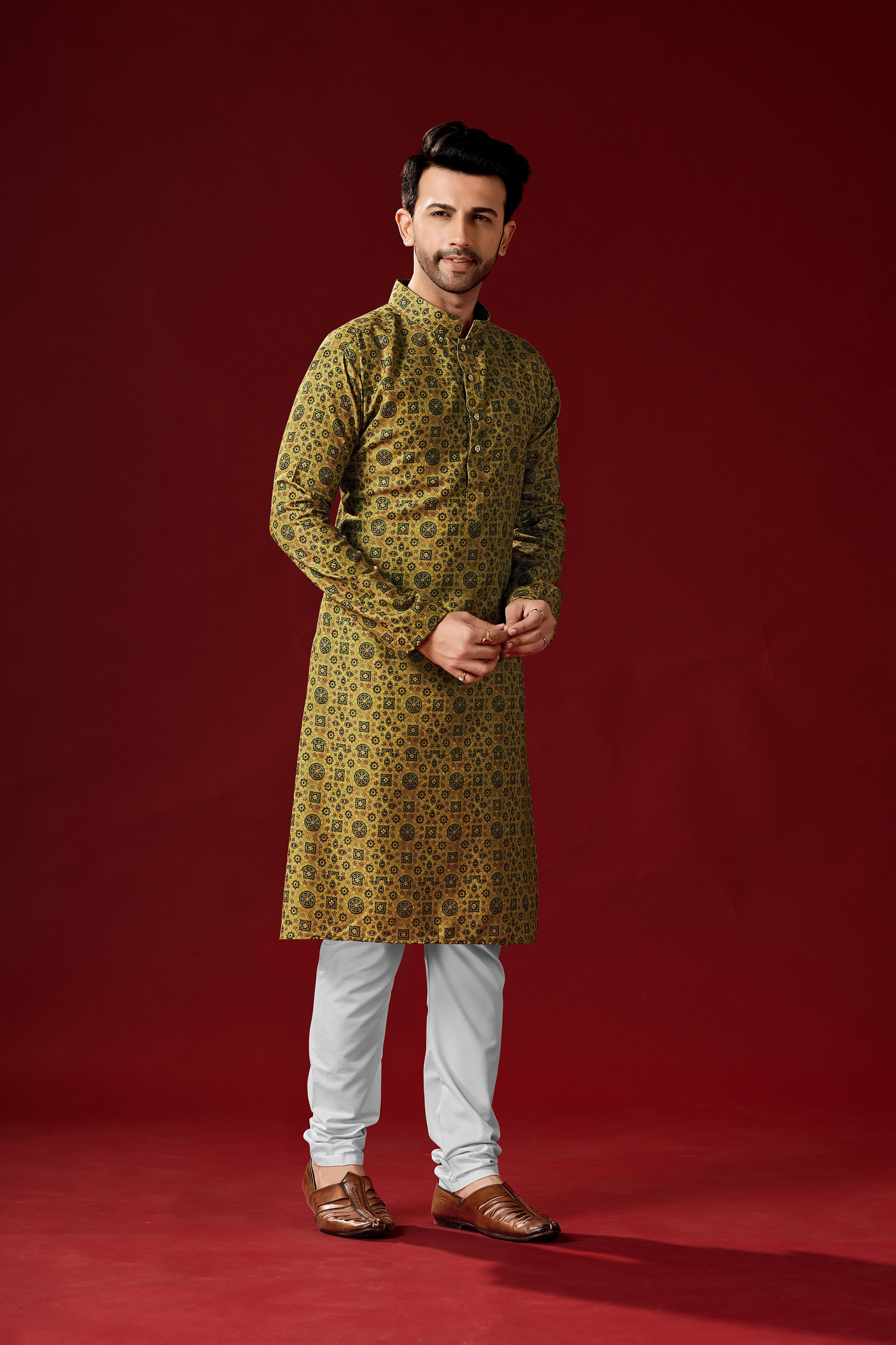 Men's Green Cotton Printed Kurta Pajama Set