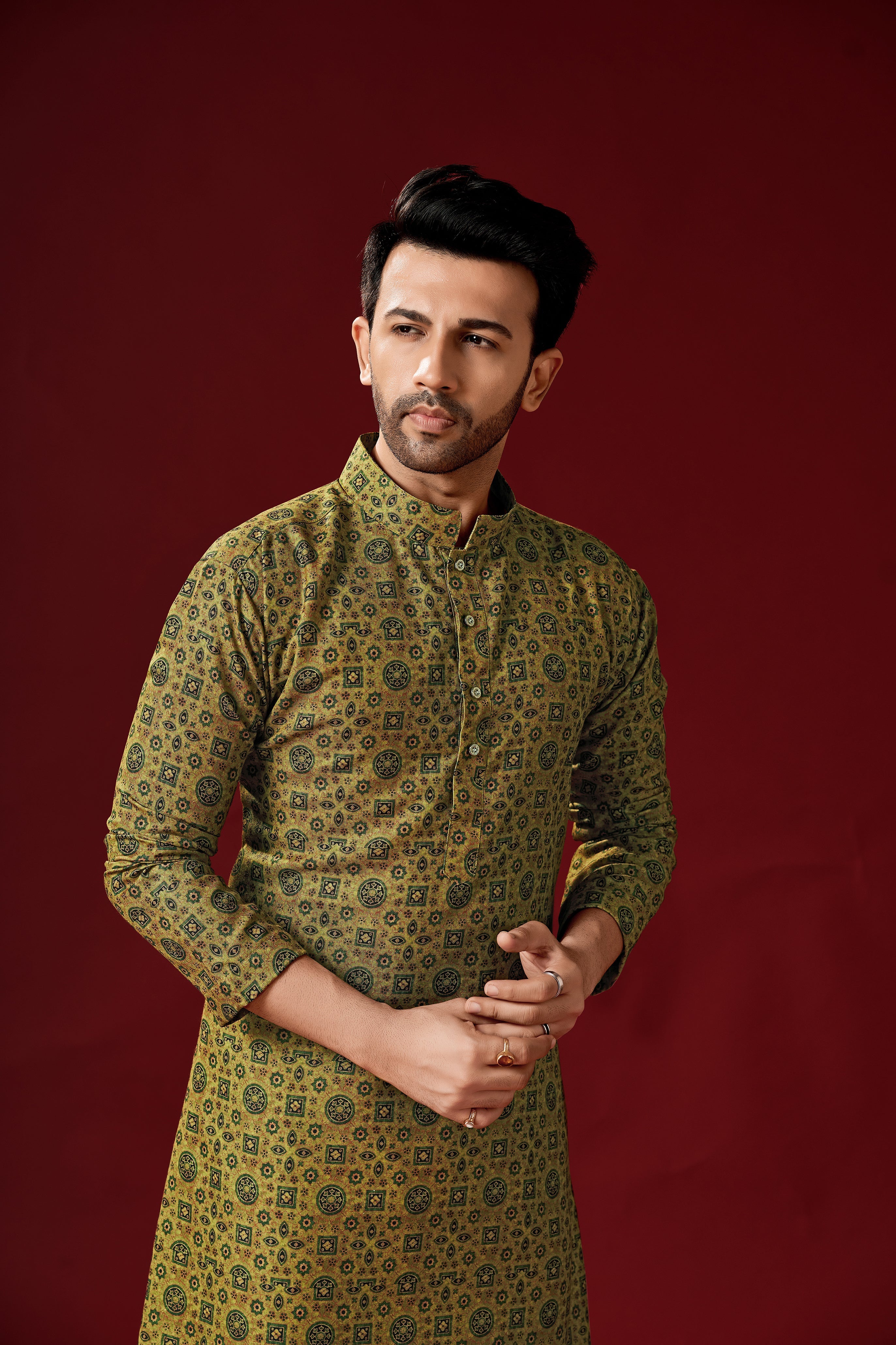 Men's Green Cotton Printed Kurta Pajama Set