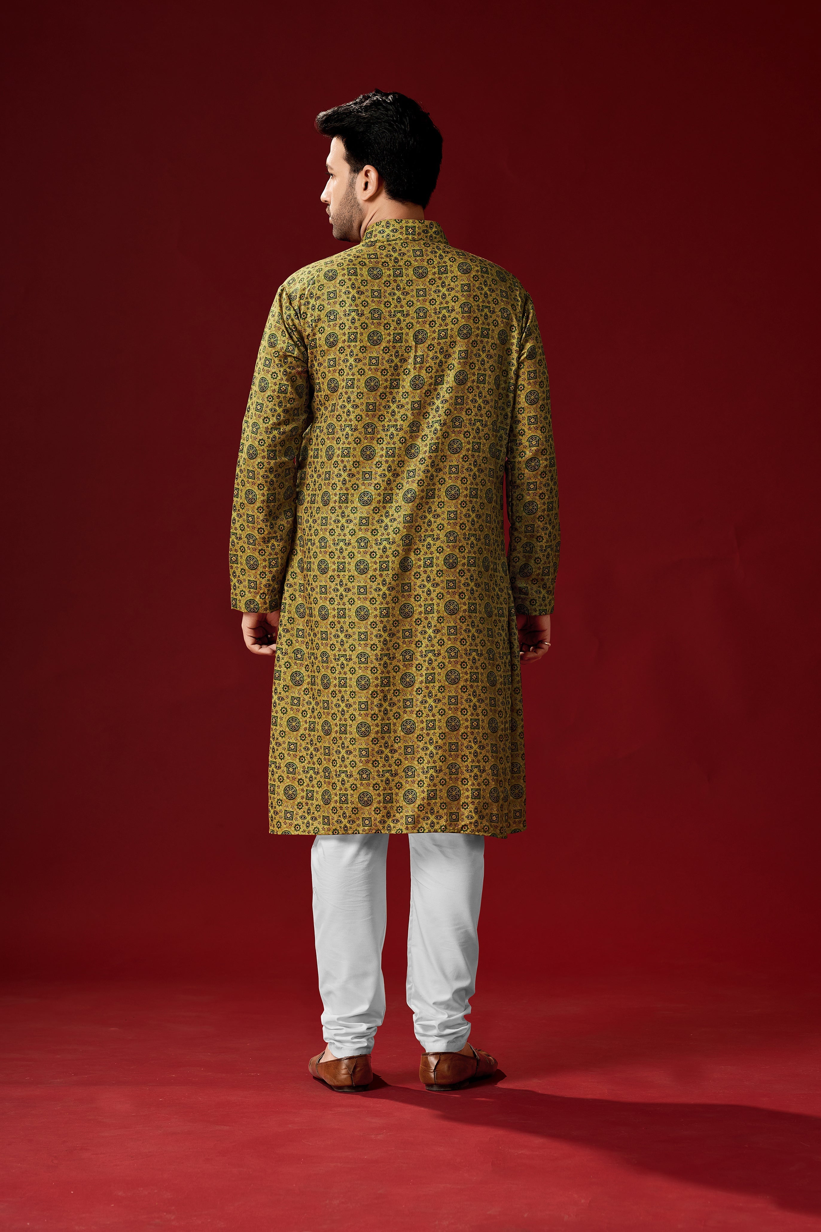 Men's Green Cotton Printed Kurta Pajama Set