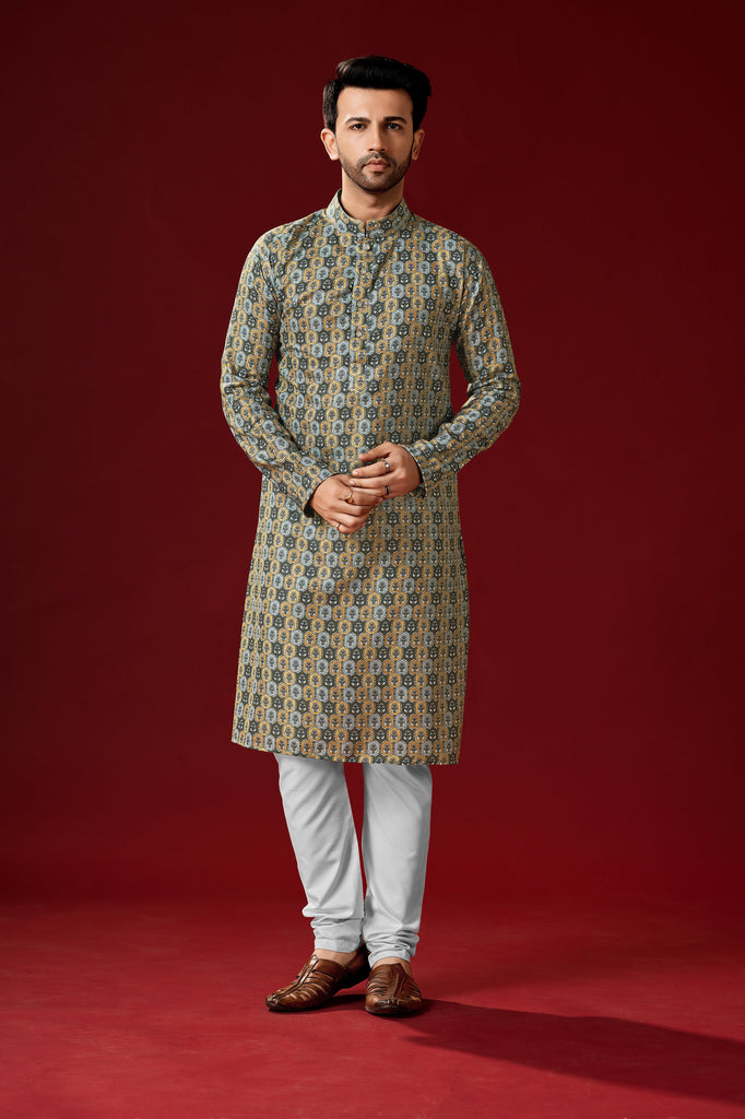 Men's Orange Grey Color Indian Traditional Wear Tunic Cotton Kurta Pajama Set