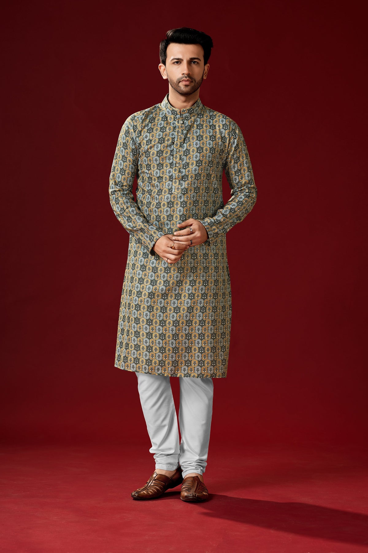 Men's Orange Grey Tunic Cotton Kurta Pajama Set