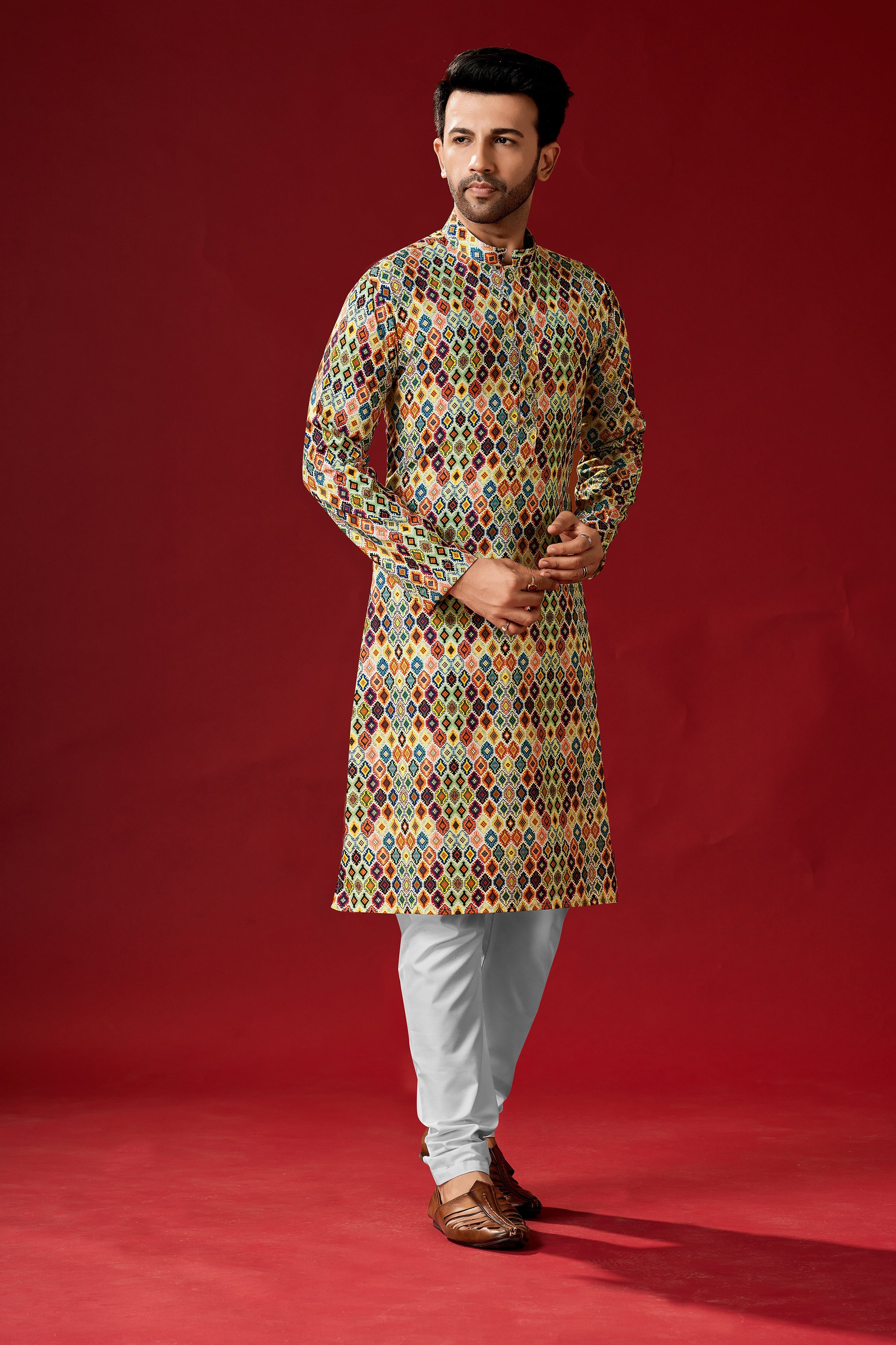 Men's Multicolor Tunic Cotton Kurta Pajama Set