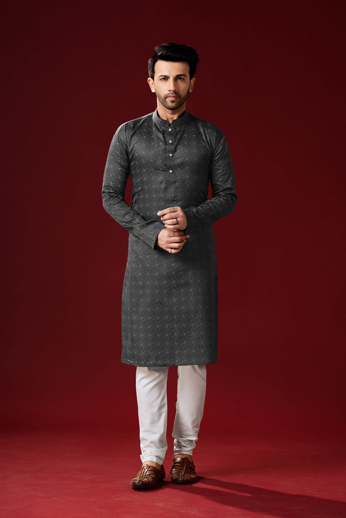 Men's Dark Grey Color Indian Traditional Wear Tunic Cotton Kurta Pajama Set