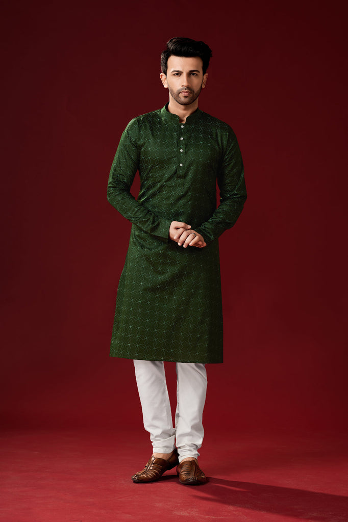 Men's Dark Green Color Indian Traditional Wear Tunic Cotton Kurta Pajama Set