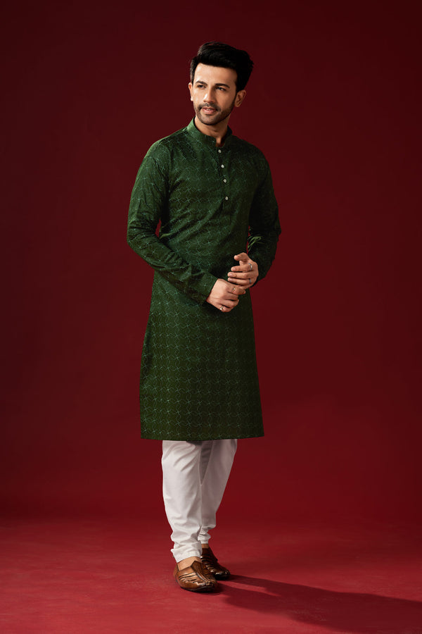Men's Dark Green Color Indian Traditional Wear Tunic Cotton Kurta Pajama Set